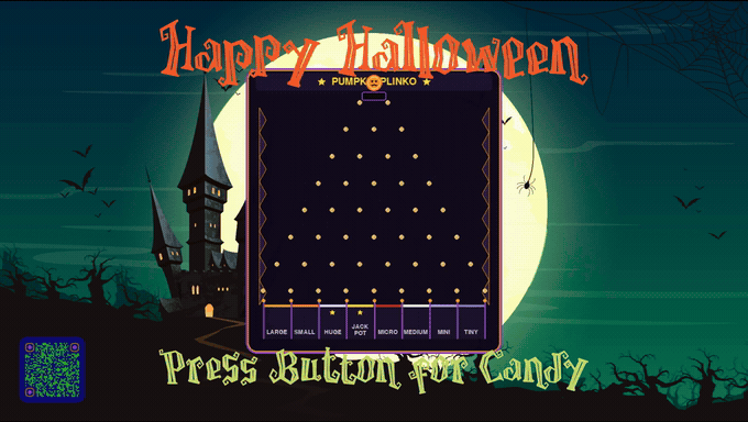 Pumpkin Plinko bouncing down the pegboard into the jackpot bin