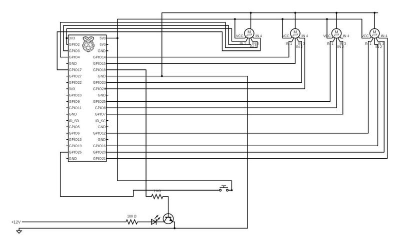 A circuit diagram including the button, the motors, and the rpi
