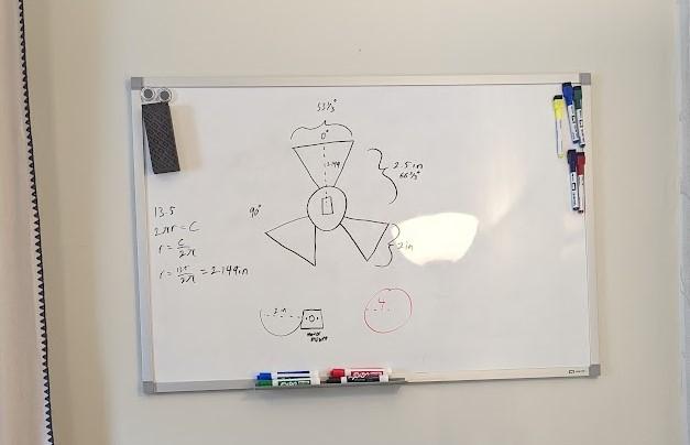 Whiteboard drawing of the dimensions of the fan. It includes measurements in inches and degrees