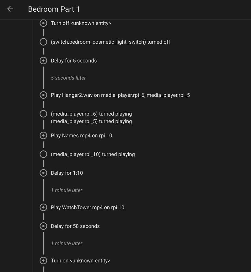 Home Assistant automation execution trace showing step-by-step sequencing for the Bedroom room sequence