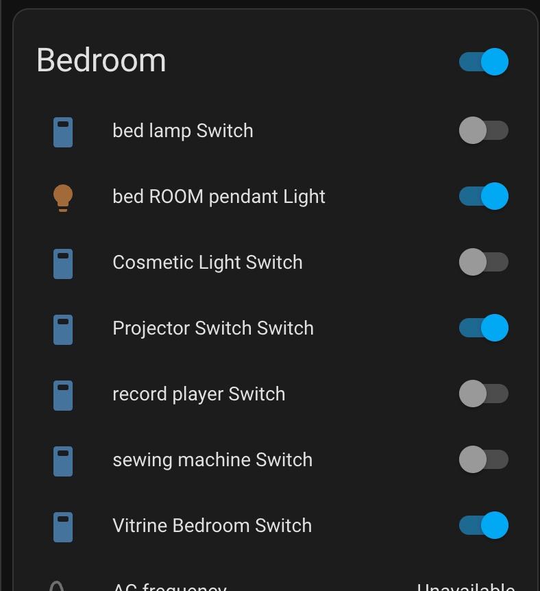Home Assistant dashboard for the Bedroom room, showing controls for bed lamp, cosmetic light, sewing machine switch, and record player