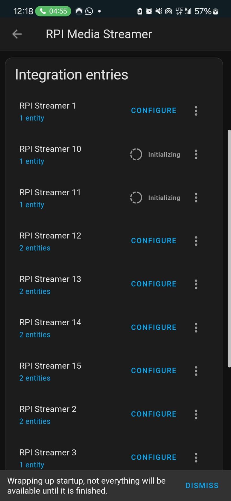 Home Assistant settings page listing all fifteen active RPI Media Streamer integration entries