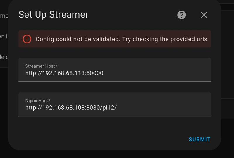Home Assistant interface showing the custom setup dialog for registering a Raspberry Pi streamer
