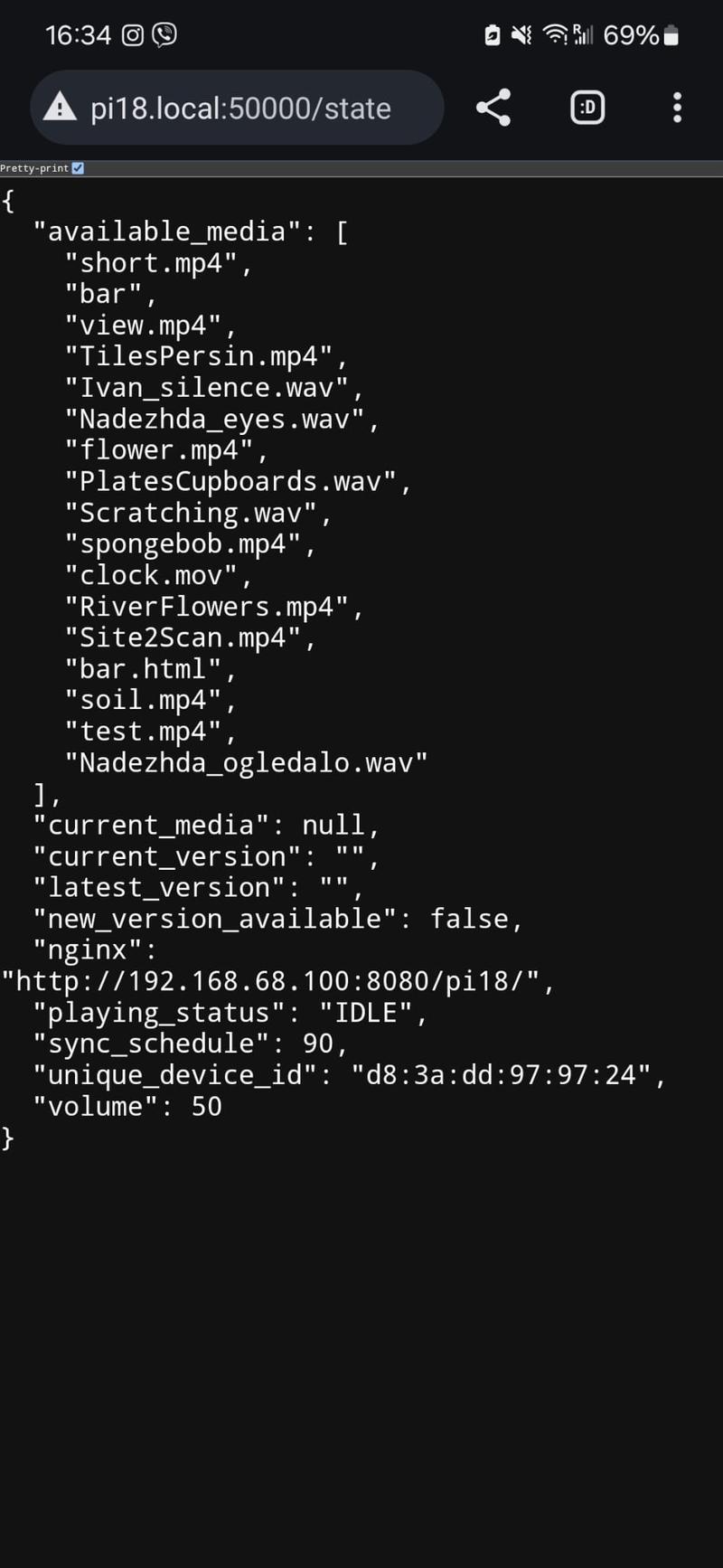 Mobile browser screenshot displaying JSON state response from a Raspberry Pi streamer's HTTP admin endpoint on port 50000